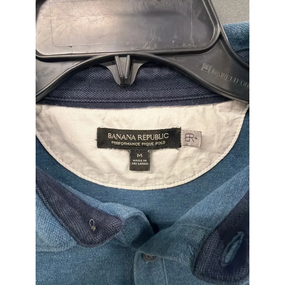 Banana Republic Mens M Performance Pique Polo Shirt Blue Short Sleeve Pocket